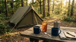 Durable wine glasses for travel displayed on a wooden picnic table at a scenic forest campsite.