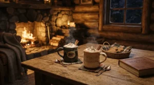 Cozy indoor scene featuring wine glasses for travel on a rustic coffee table inside a wooden cabin.