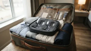 A travel wine glass set safely nested inside a soft suitcase alongside rolled sweaters for a trip.