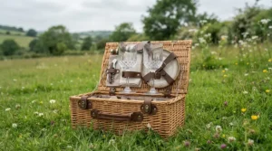 A complete travel wine glass set tucked securely inside the lid of a classic wicker picnic basket.
