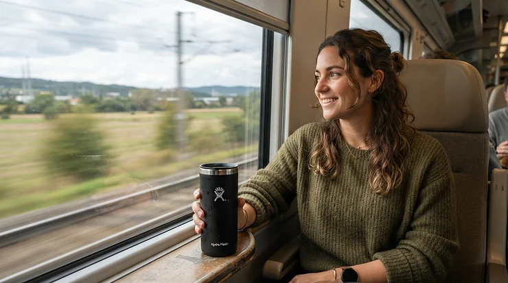A passenger holding wine glasses for travel while looking out the window of a moving train.